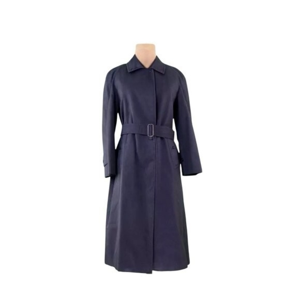 Authentic Burberry 100% Wool Navy Blue Midi Trench Coat Women's 10 Waterproof - Picture 2 of 13